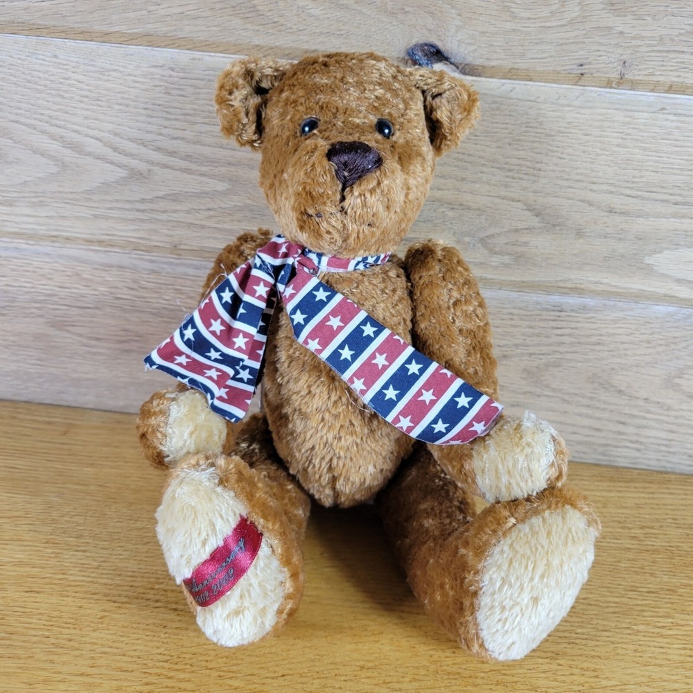 Vintage Dan Dee Brown 100th Anniversary Teddy Bear American Flag Scarf 12"